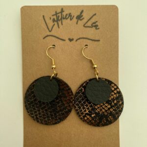 Boucle d'oreille en cuir double rond couleur noir et doré